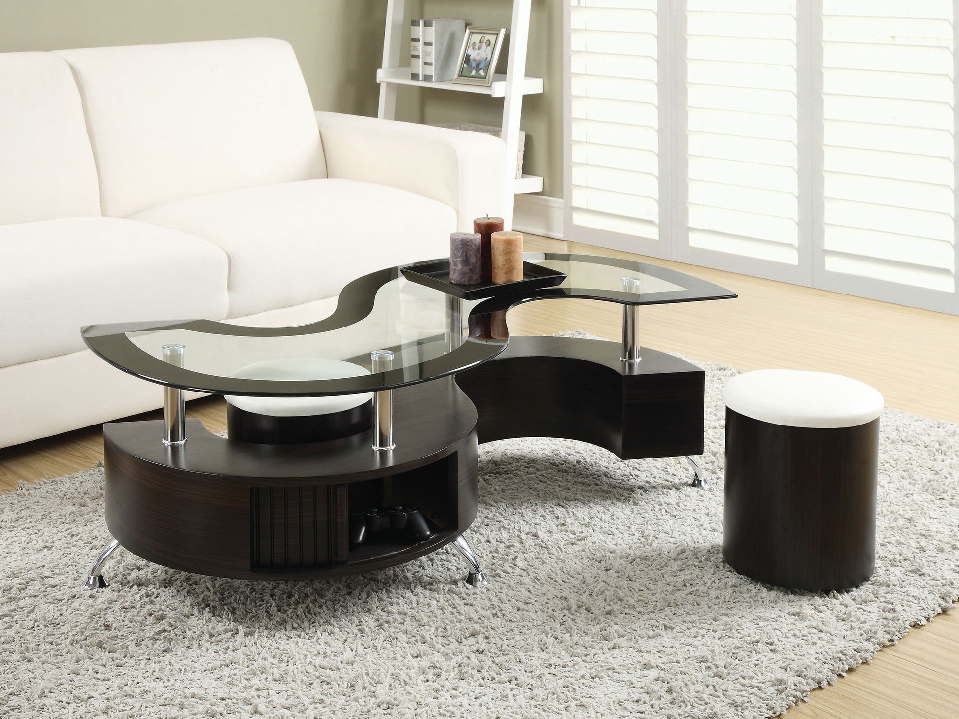 Buckley Curved Glass Top Coffee Table Set with Stools.