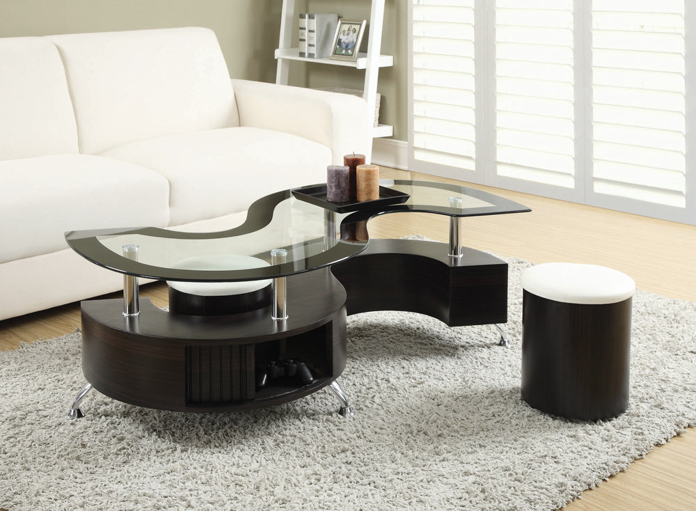 Buckley Curved Glass Top Coffee Table Set with Stools.